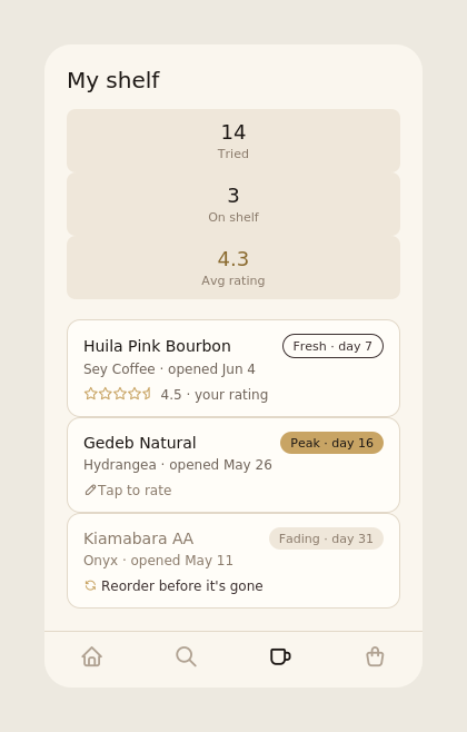 Shelf screen showing coffee bags by status, owned, wishlist, finished
